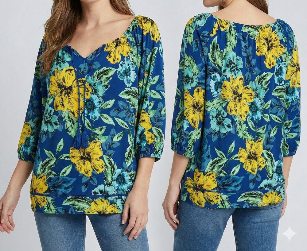 Rafaella Weekend Womens XL Blouse Blue Yellow Floral 100% Cotton